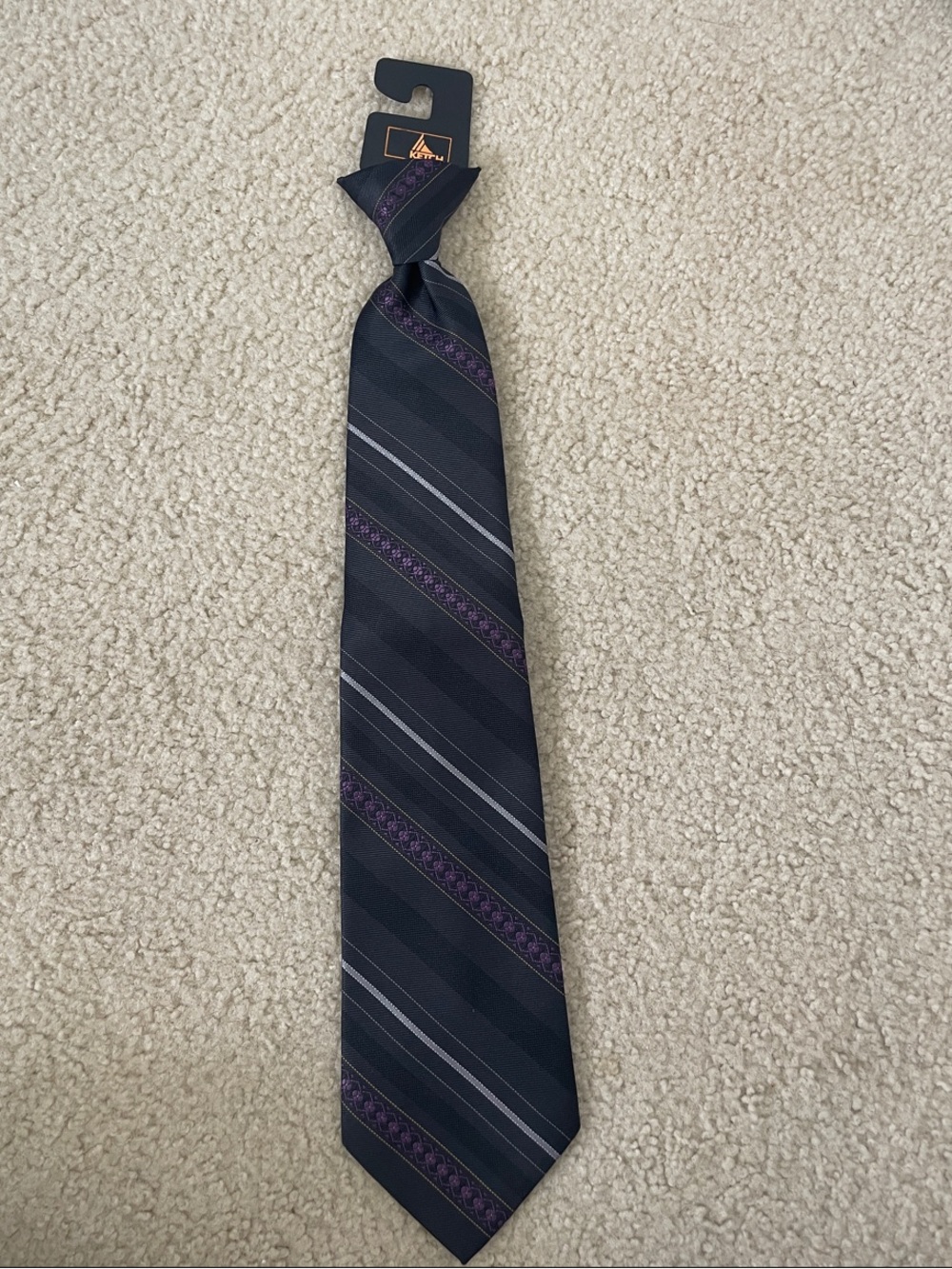 Boys Black and Purple Striped Tie clip on Classic School & Event Accessory